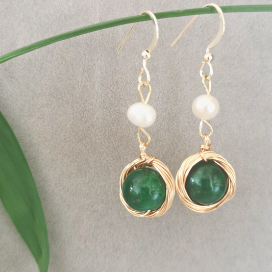 Gold-wrapped Green Jade Earring